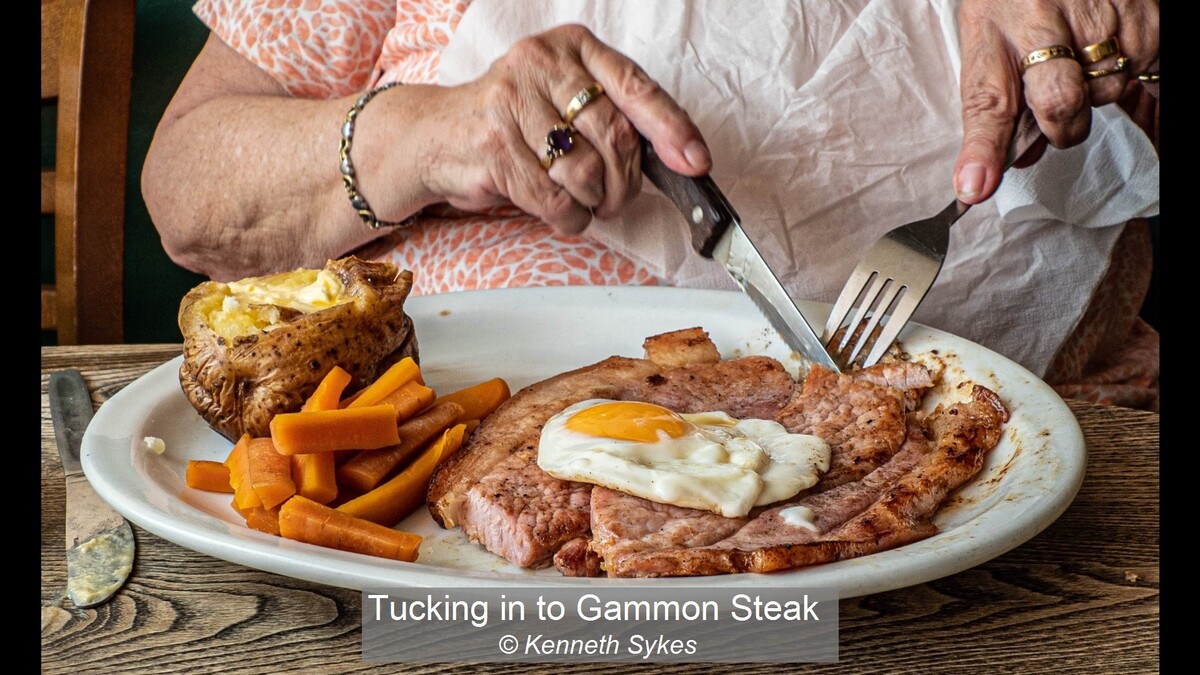 Tucking in to Gammon Steak